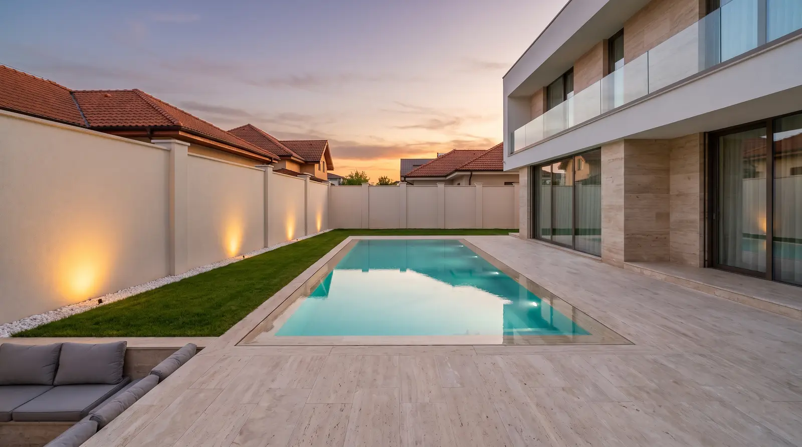Piscină îngropată cu revărsare perimetrală în curtea unei case moderne