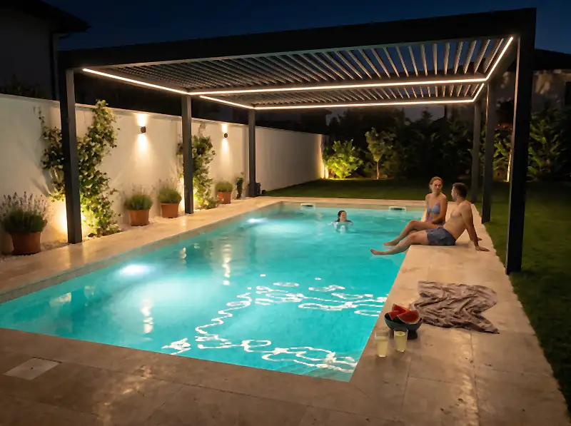 Prieteni la marginea piscinei, seara, sub o pergolă cu lumini